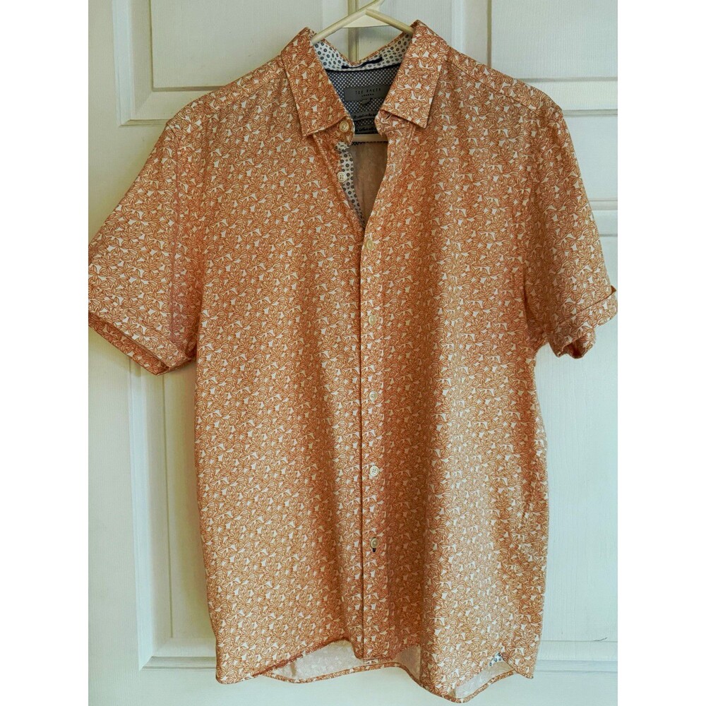 Ted Baker Men's Size 4 (Lg)Orange/White Floral Short Sleeve Point Collar Shirt